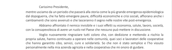 Gardini scrive alla cooperative «Viviamo la più grande emergenza...